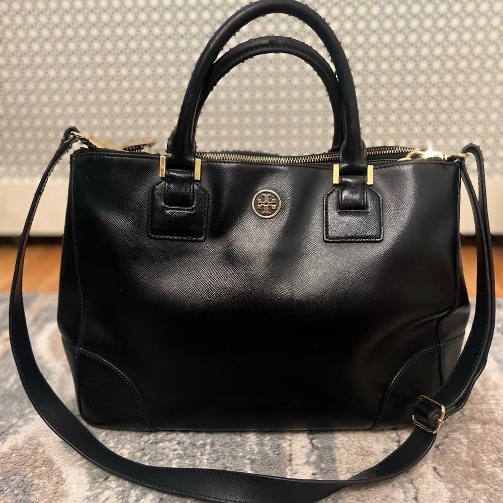 Tory Burch Black Leather Robinson double zipper bag